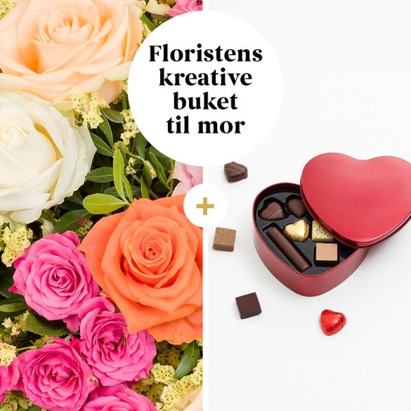 Floristens buket til mor med chokoladehjerte